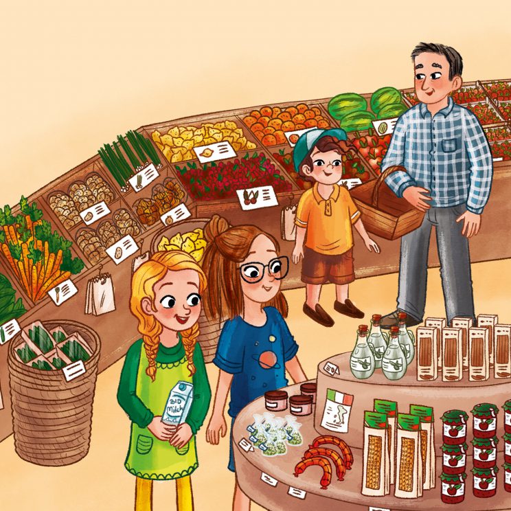 Illustration: Herr Gärtner und die Kinder stehen im Supermarkt neben frischem Obst und Gemüse und einer Theke mit anderen Lebensmitteln.