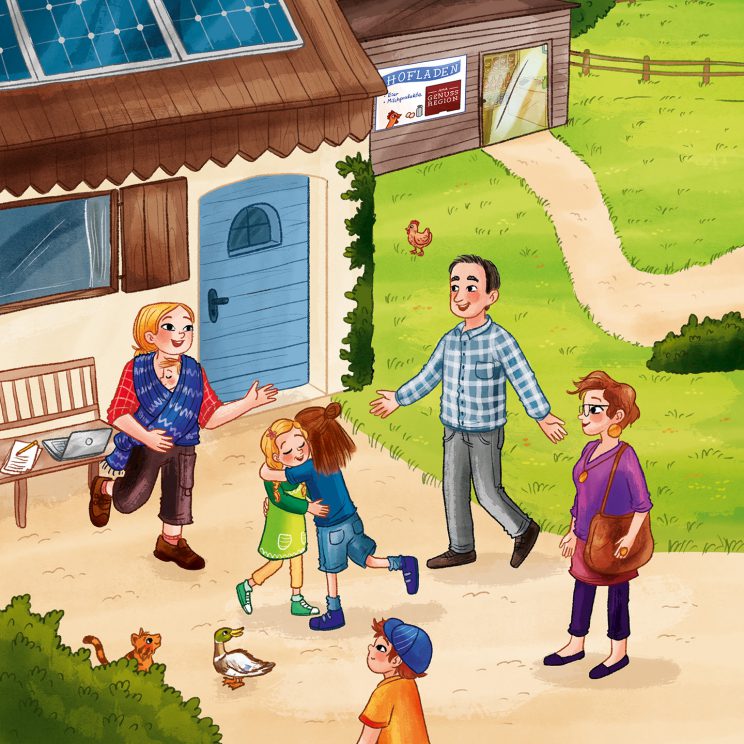 Illustration: Tina und Lea begrüßen die Familie Gärtner auf dem Bauernhof. Auf dem Bauernhaus sind Solarzellen angebracht, auf der Bank steht ein Laptop, im Hintergrund sieht man den Hofladen, Obstbäume, Wiesen, Felder und Berge.