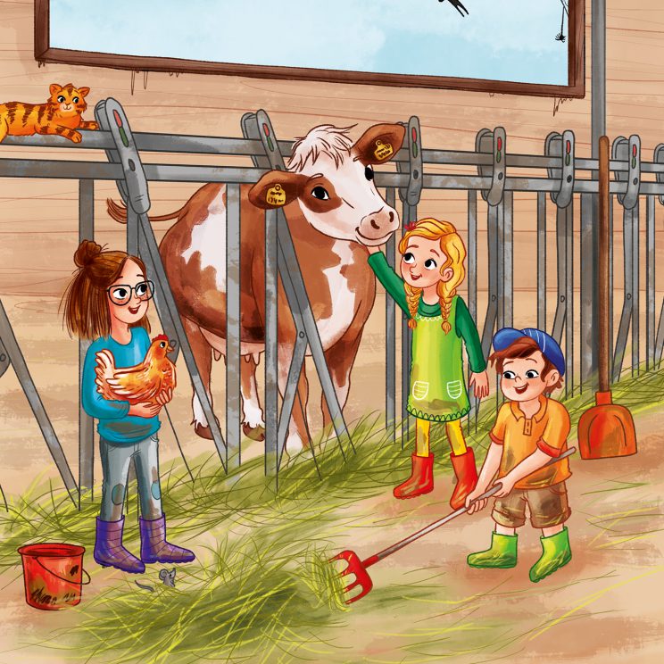 Illustration: Hanna, Lea und Theo stehen im Stall neben der Kuh Rosi.