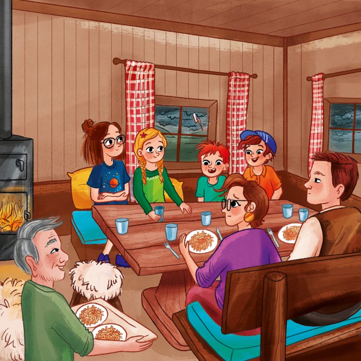 Illustration: Familie Gärtner, die Bauernhofkinder, Opa Franz und Marek essen in der Hütte Käsespätzle.