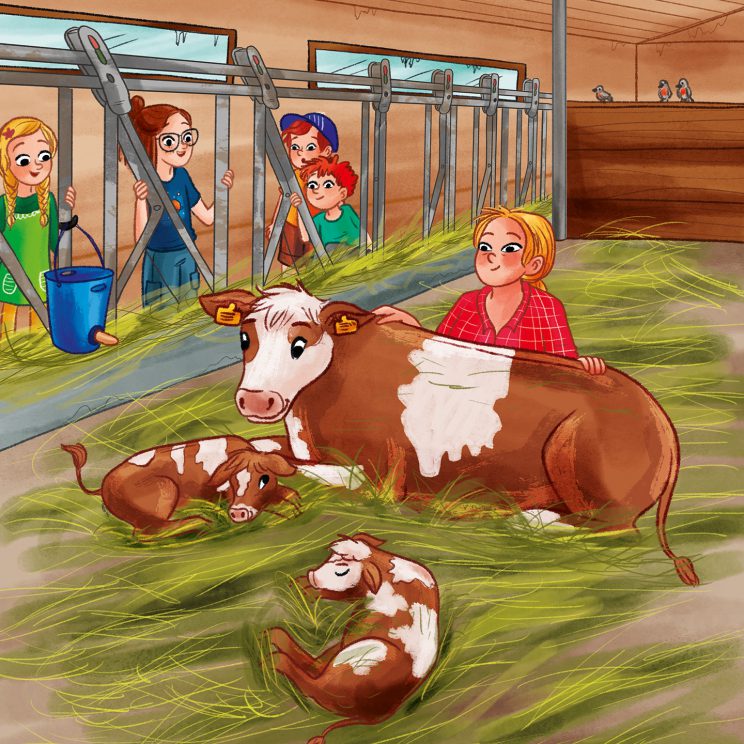 Tina kniet im Stall neben Rosi und ihren beiden Kälbchen. Im Hintergrund schauen die Kinder gespannt zu.
