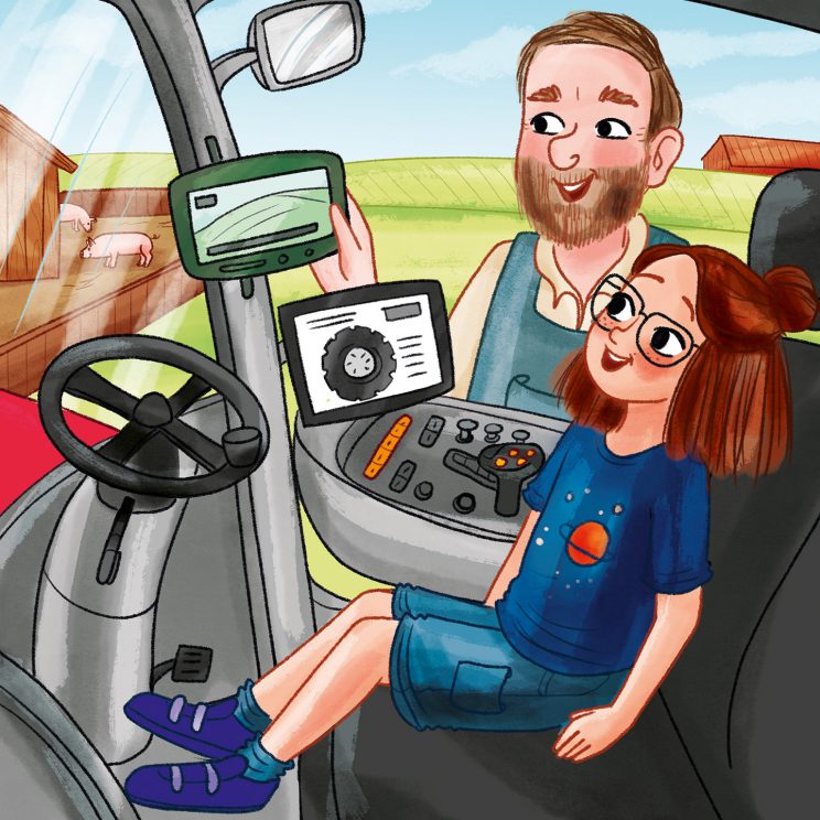 Illustration: Hanna sitzt in einem modernen Traktor, der Bauer Gerhard erklärt ihr etwas.