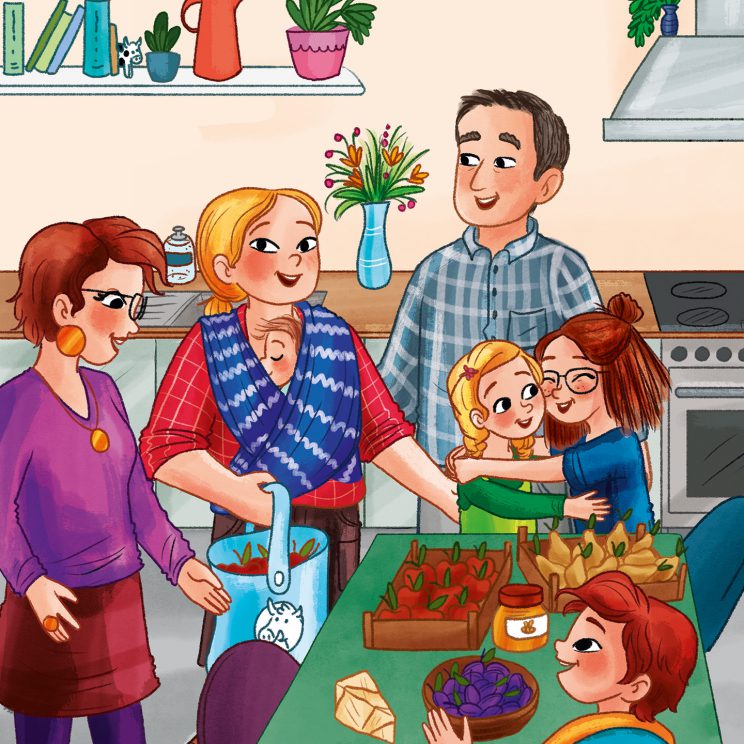 Tina stellt mitgebrachte Lebensmittel auf den Küchentisch, umgeben von Lea und der Familie Gärtner.