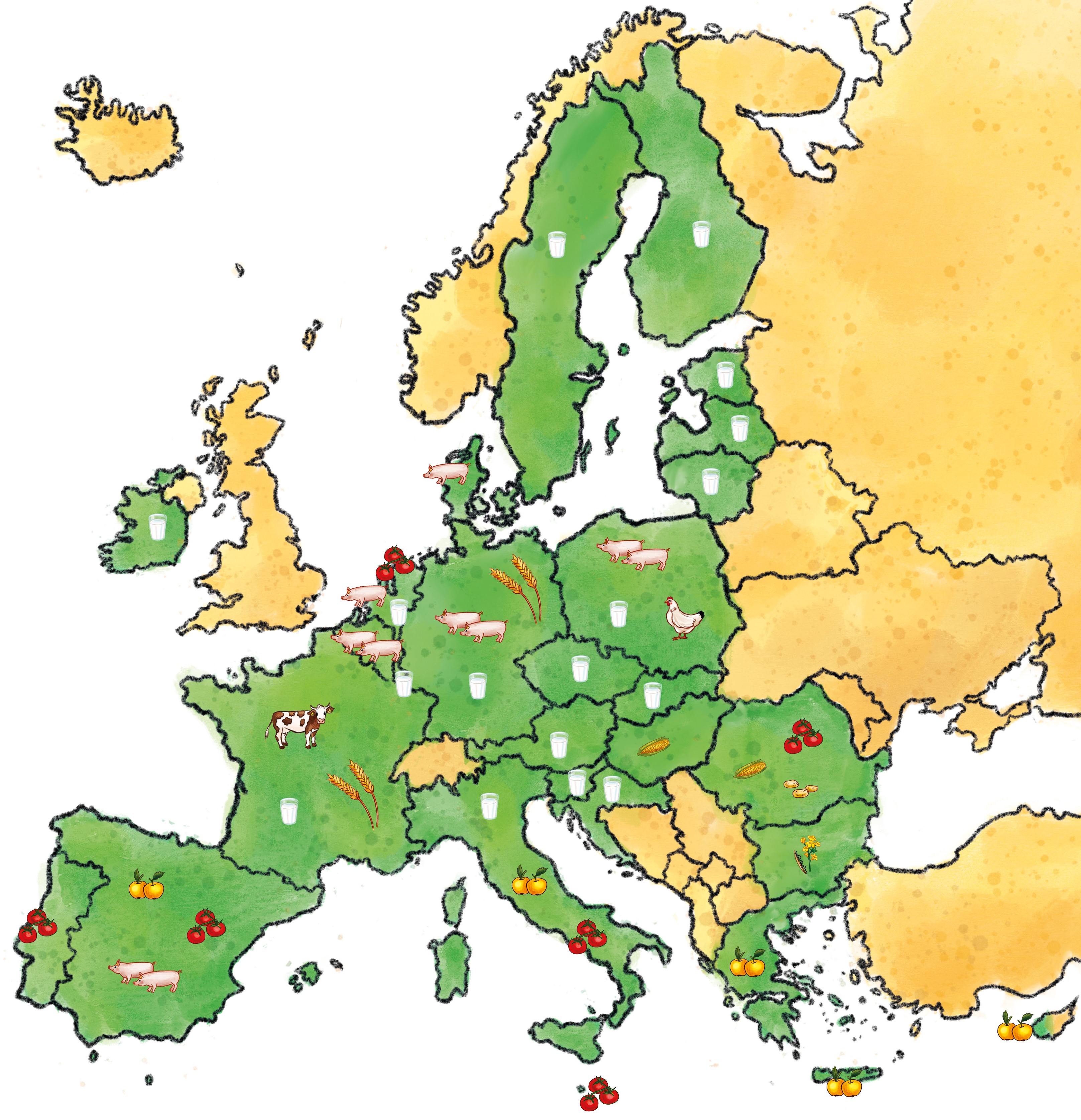 Karte von Europa, die Länder, die zur Europäischen Union gehören, sind grün eingefärbt