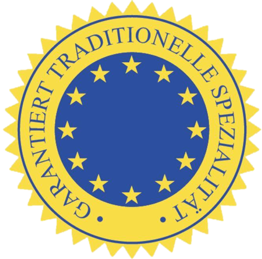 Gelb-blaues Siegel mit dem Text: garantiert traditionelle Spezialität