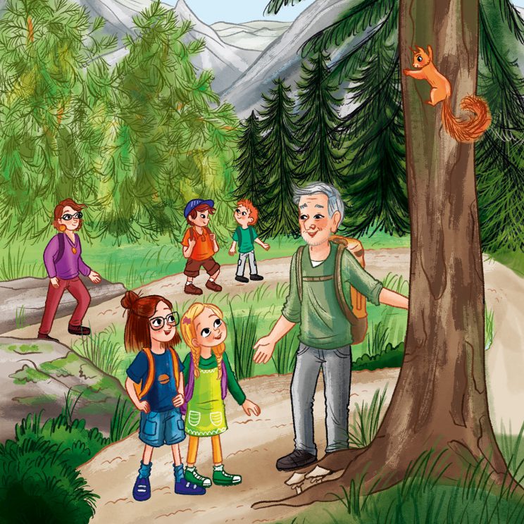 Illustration: Opa Franz erklärt Hanna und Lea etwas, im Hintergrund kommen Frau Gärtner, Theo und Lukas den Waldweg hinauf.