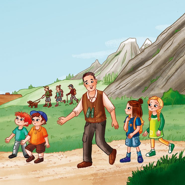 Illustration: Marek und die Kinder gehen über die Alm, im Hintergrund sieht man Kühe, Berge und eine Wandergruppe mit Hund.