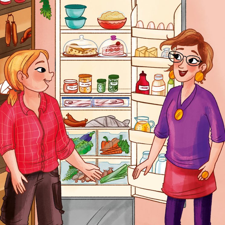 Illustration: Tina und Frau Gärtner stehen am offenen Kühlschrank.